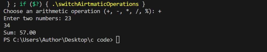 Arithmetic Operations Using Switch Case in C