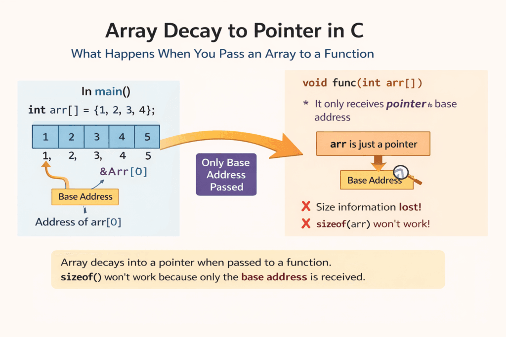 Diagram showing array decay to pointer in C when an array is passed to a function and size information is lost